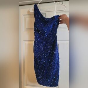 Royal Blue One Shoulder Backless Sequin Dress